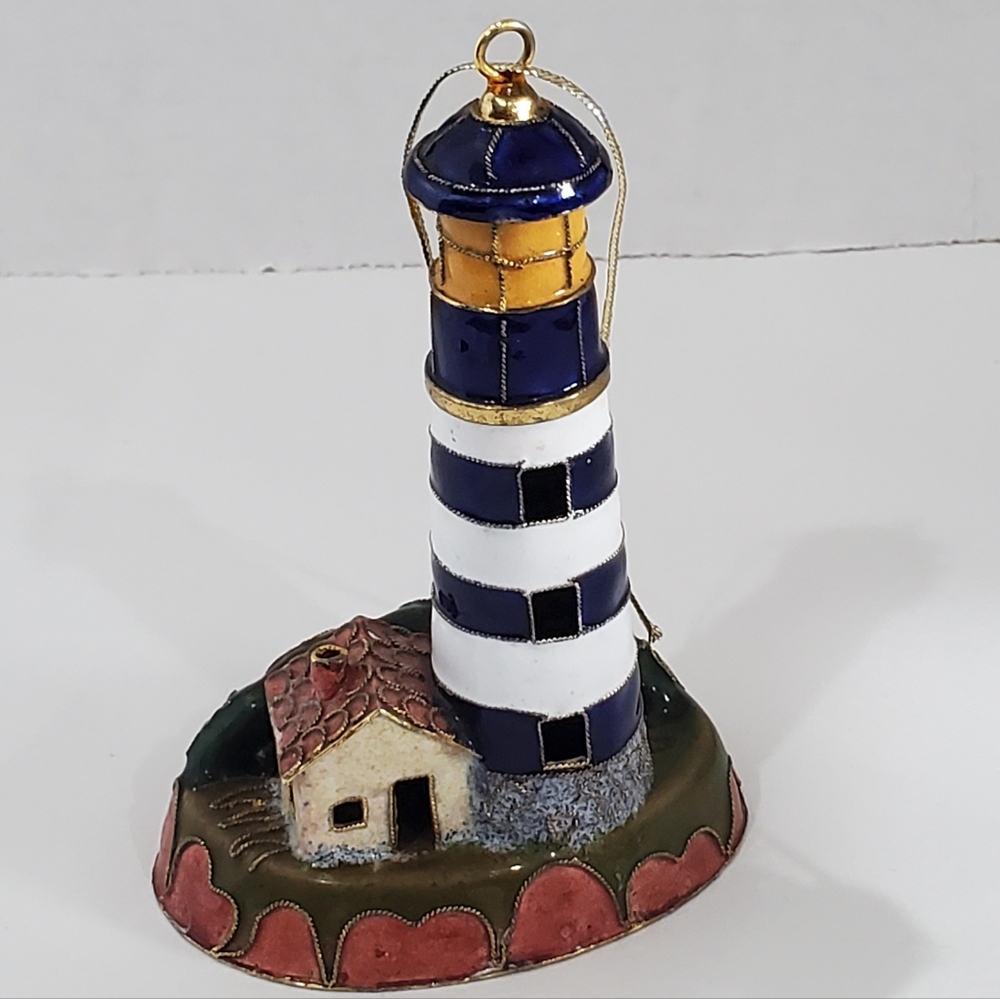 Cloisonne Lighthouse Ornament Beautiful Craftsmanship  Blue & White